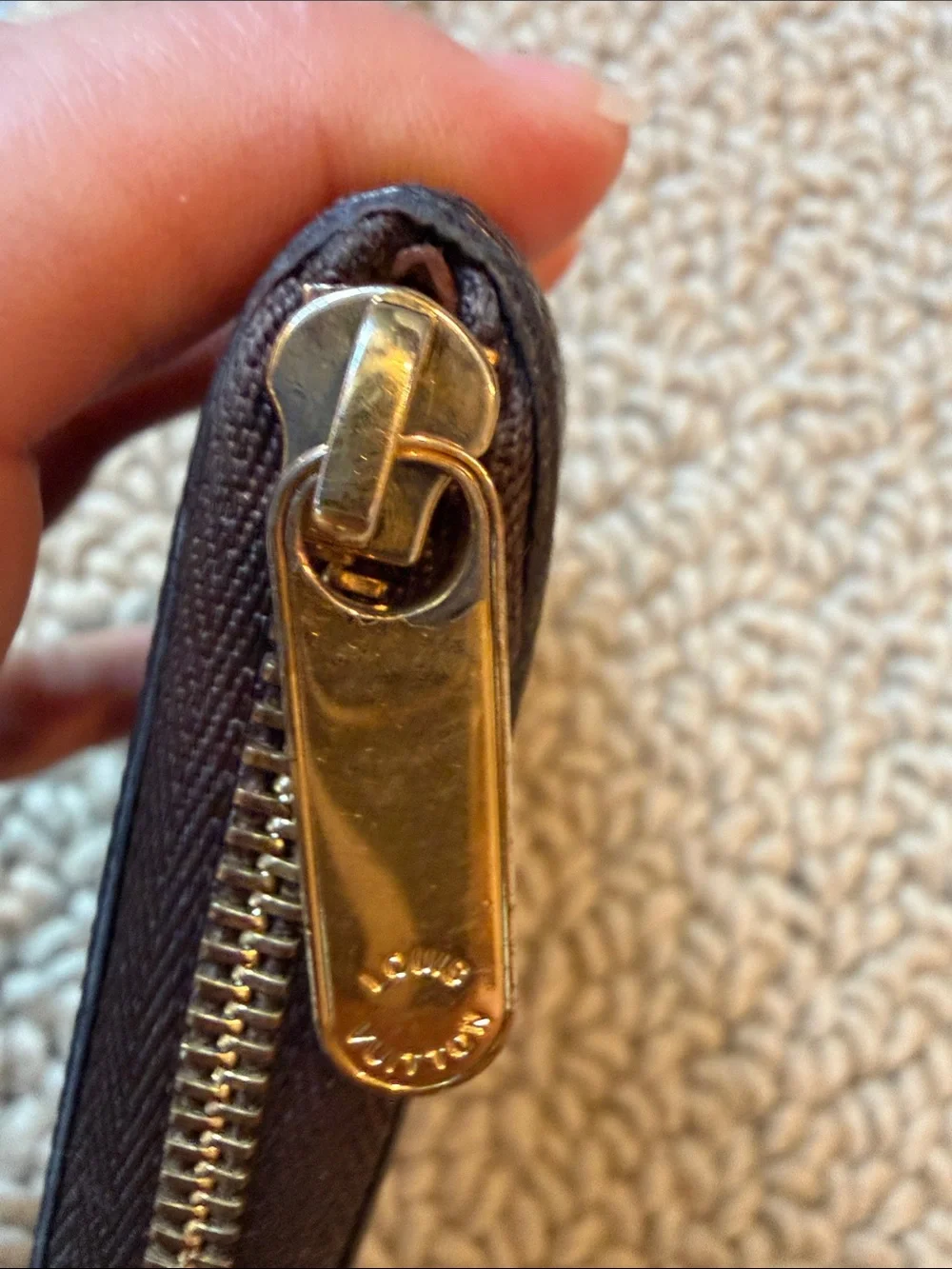 Authentic Louis Vuitton Monogram Zip Wallet in Brown and Gold Hardware